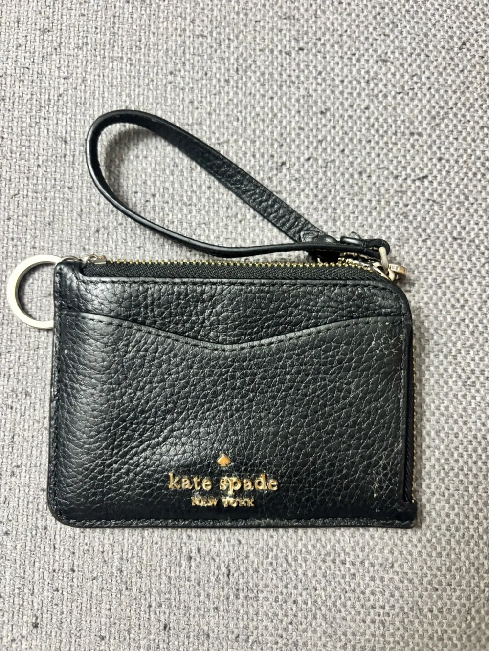 kate spade Black Pebbled Leather Wristlet Card Holder with Gold Logo